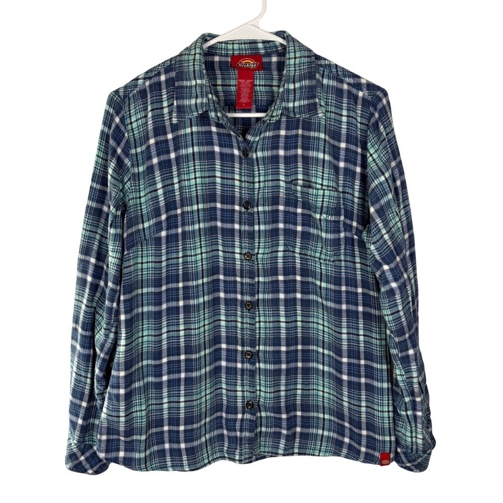 Dickies Womens Blue Mint‎ Green Plaid Flannel Button Down Shirt Large L Cotton